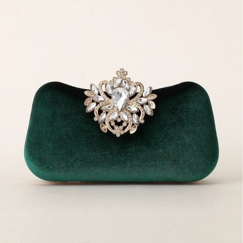 Brooch Pin Gold - Dark Green Velvet Clutch Bag Luxury
