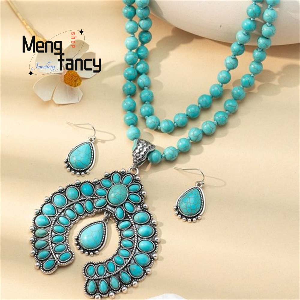 Layered Necklace Set - Retro Three-Layer Flower Earrings, Turquoise Earrings,
