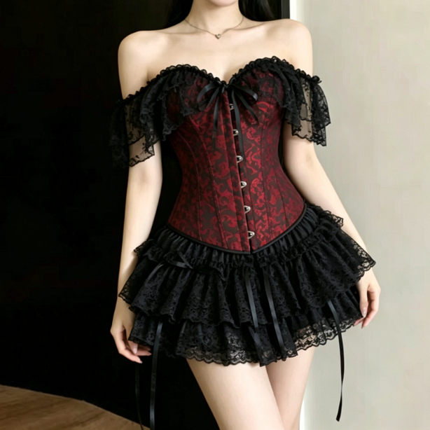 Layered Necklace Set - Y2k Dark Gothic Lace Corset Set